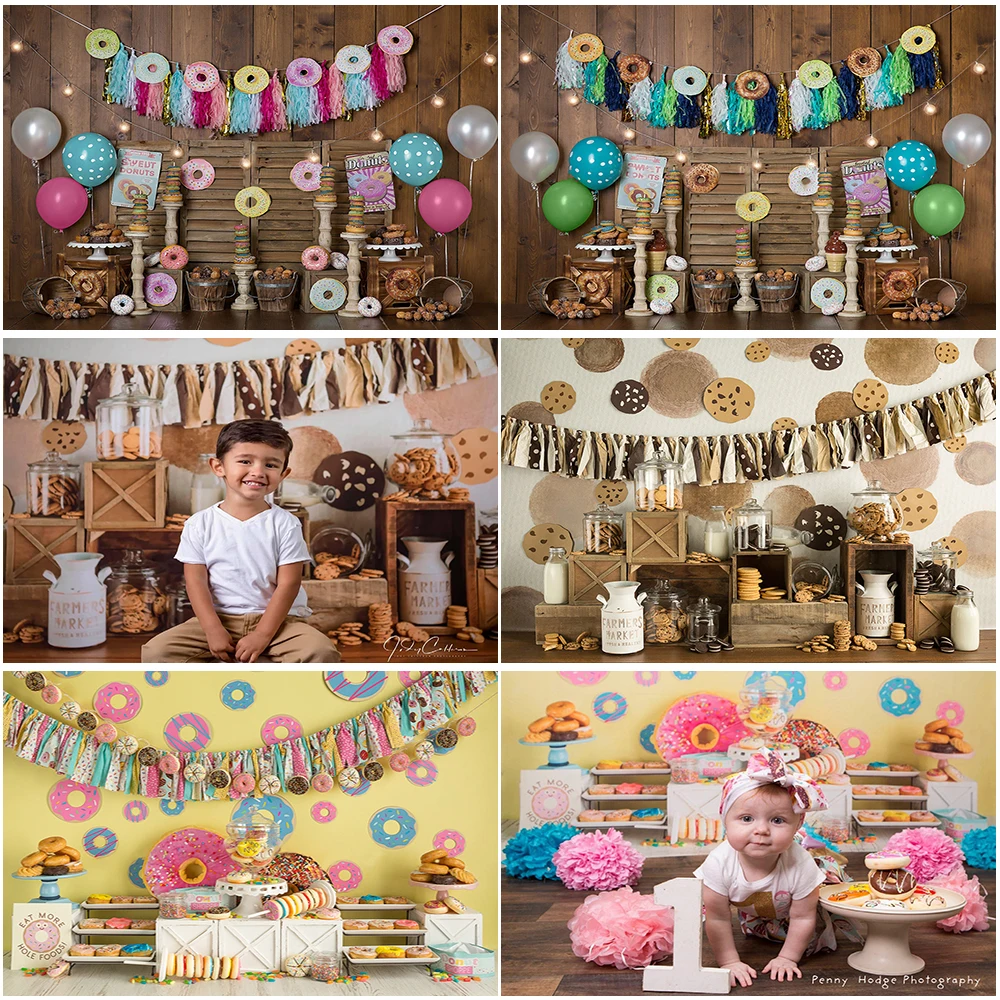 Fotografie Achtergrond Verjaardagstaart Smash Fotostudio Rekwisieten Monster Koekjes Foto Achtergrond Vintage Donut Met Ballonnen