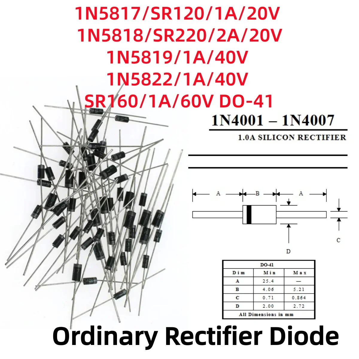 100/200Pcs 1N5817/SR120/1A/20V 1N5818/SR220/2A/20V 1N5819/1A/40V 1N5822/1A/40V SR160/1A/60V DO-41 Rectifier Schottky Diode