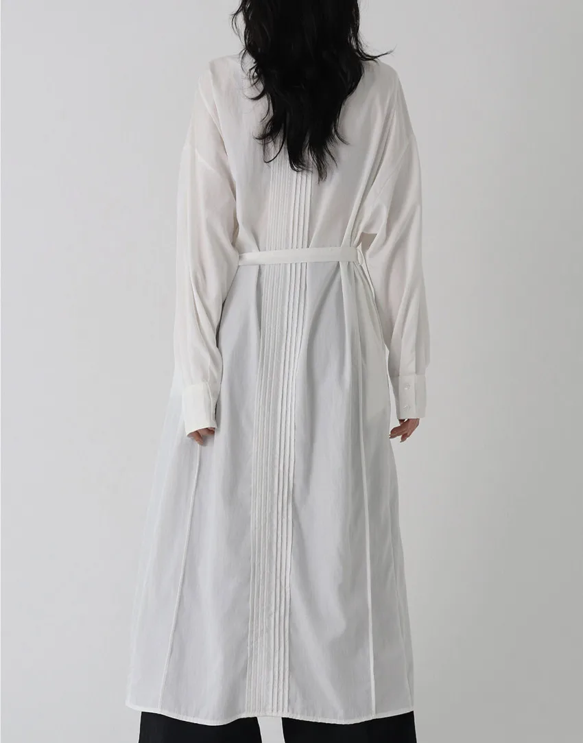 2024 Chic Minimalism Autumn White Shirt Dresses Fashion Women Round Collar Single Breasted Pleated Lace Up Loose Long Vestidos