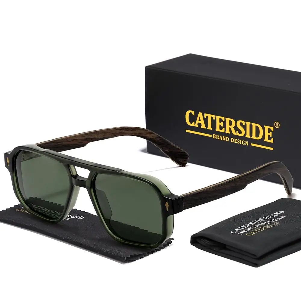 CATERSIDE Modische polarisierte Sonnenbrille für Herren, Holzbeine, flaches Doppelbrücken-Design, Sonnenbrille für Damen, Outdoor-Sommerbrille – Detail 22