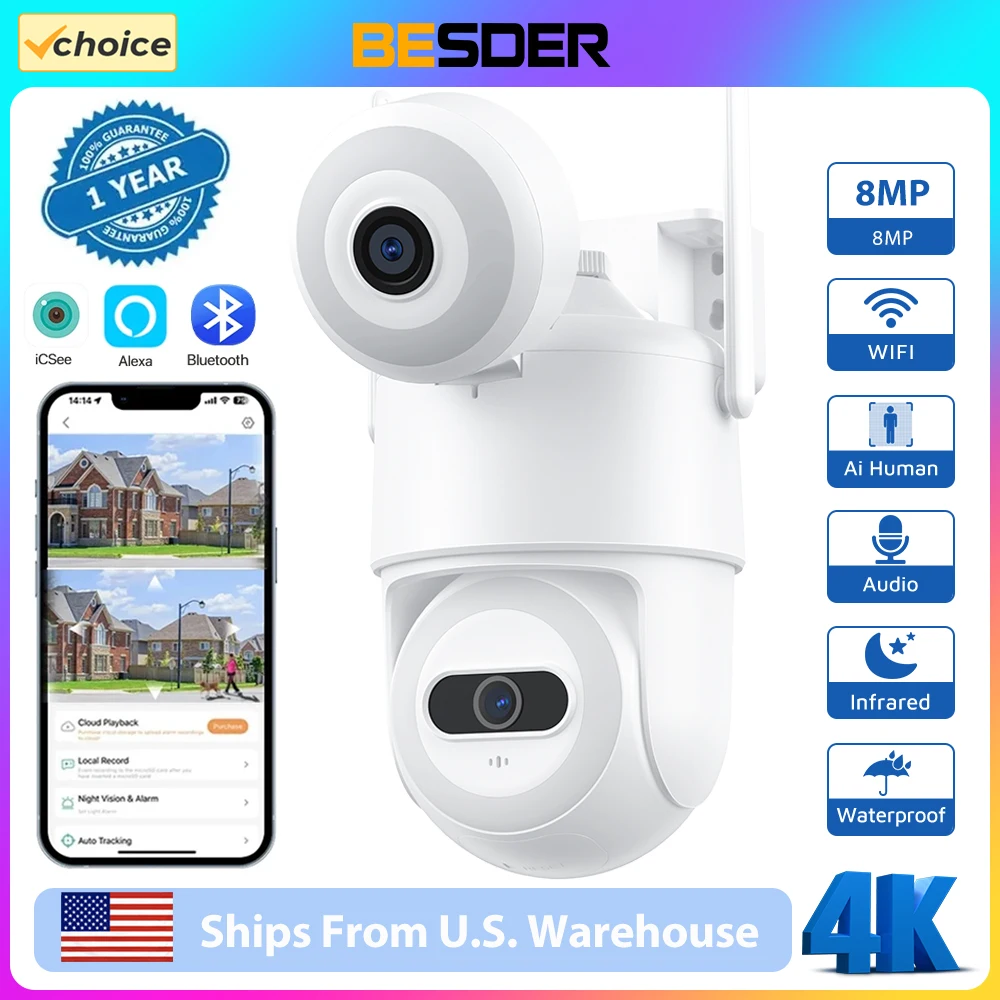 BESDER-Cámara de videovigilancia CCTV para exteriores, videocámara PTZ 4K de 8MP con Wifi, pantalla Dual, detección humana, 4MP, lente Dual en la nube, aplicación iCSee