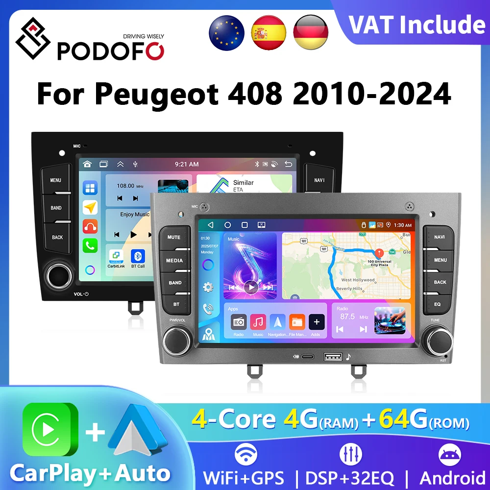 Podofo 7 "4 + 64G autoradio sans fil CarPlay Android Radio pour Peugeot 408 2010-2024 voiture multimédia WIFI GPS FM BT autoradio