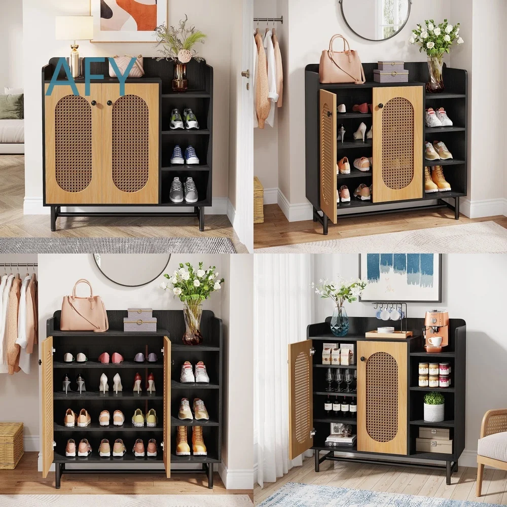 Customizable PVC Woven Rattan Shoe Cabinet for Entryway Hallway Living Room Storage Furniture with Ventilation Design for