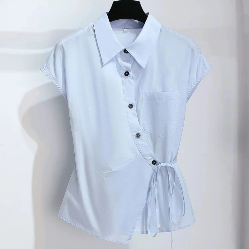 폴로 넥 불규칙한 우아한 블라우스 여름 새로운 짧은 소매 솔리드 루즈 레이싱 패션 셔츠 탑 캐주얼 오피스 여성 의류