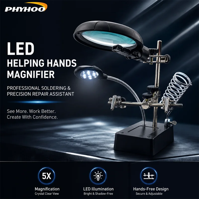 PHYHOO 5 LED Light Magnifying Glass Helping Hands Soldering Iron Stand Magnifier Station for Jewelry Repair Watch Craft DIY Tool