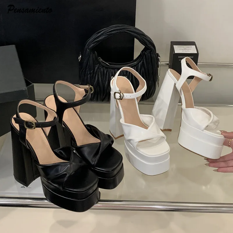 Star style Fashion Double Platform Wedges Women Gladiator Sandals Summer 15cm Ultra High heels Chunky Party Dress Shoes Sandals
