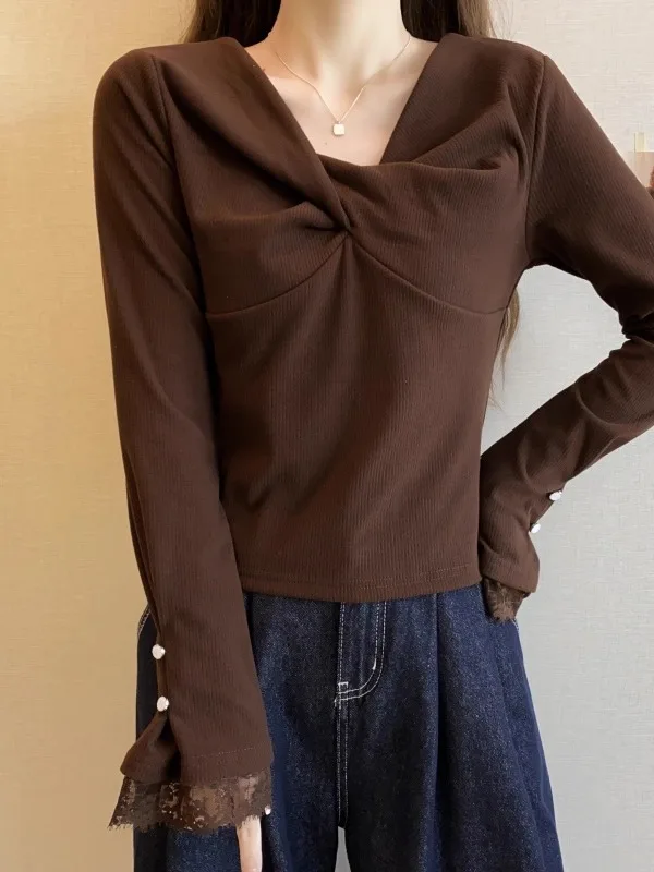 

Футболка Thiened Long Sve V-Ne, женская осенне-зимняя футболка больших размеров, простая подходящая основа, корейская футболка для поездок на работу и ветер