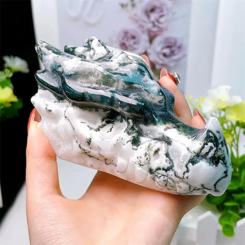 

12CM Natural Moss Agate Dragon Skull Carving Head Animal Statue Faucet For Room Decoration Holiday Gifts 1pcs