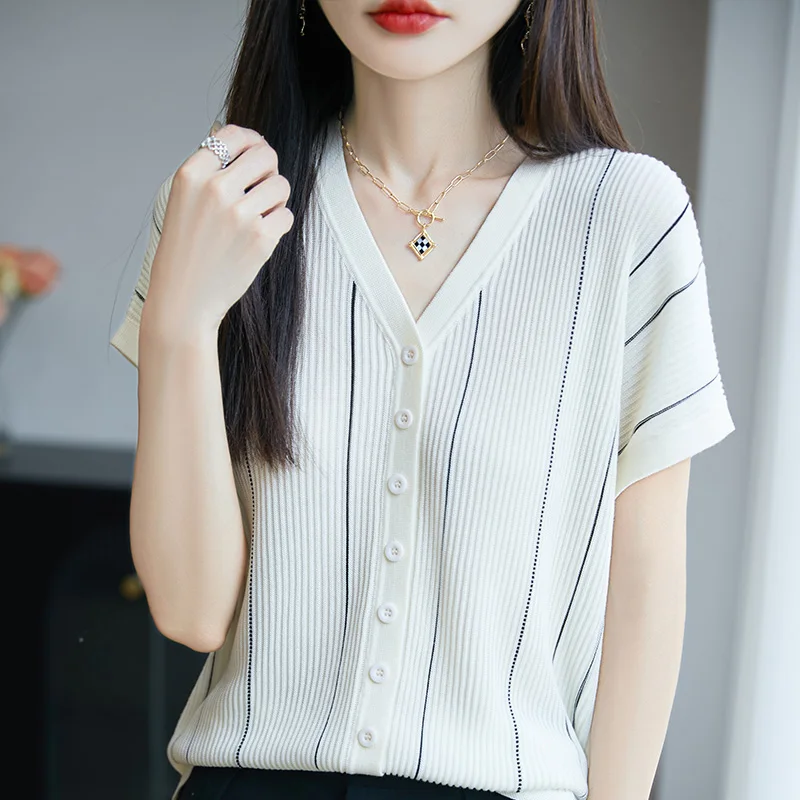 صيف جديد 100% ليوسيل المرأة قصيرة الأكمام عادية اللون منعت تي شيرت برقبة على شكل v فضفاضة وعصرية بلوفر مغزول #3