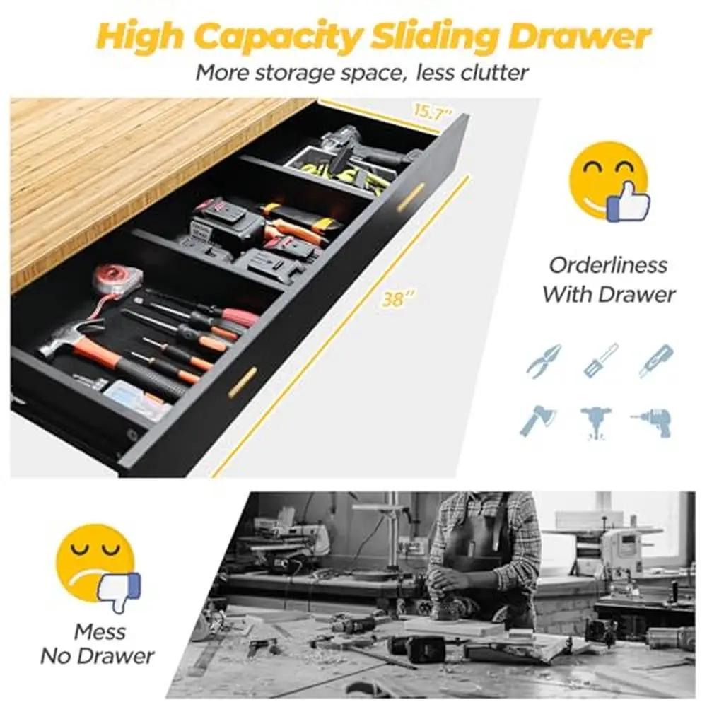 Adjustable Height Mobile Workbench with Drawers 2700 LBS Load Capacity Power Outlets Swivel Casters Bamboo Board Garage Tool