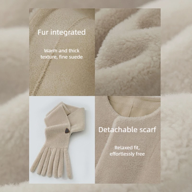 Amii Fur Coat Woman 2025 Winter New O-Neck Loose Medium And Long Tops With Scarf Warm Long Sleeve Elegant Fur Jacket 12554011