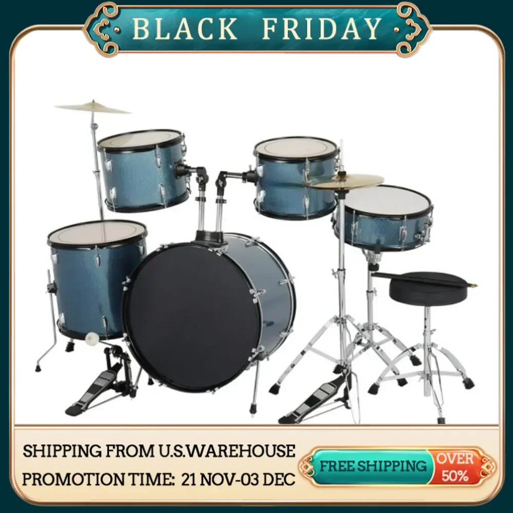 

MCH Full Size Adult Drums Set 5-Piece Black with Bass Drum two Tom Drum Floor Tom 16" Ride Cymbal 14" Hi-hat Cymbals Stool Drum