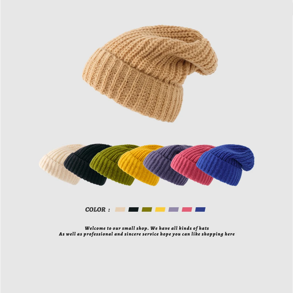 2024 Hat Winter New Knitted Wool Hat Female Loose Autumn and Winter Ear Protection Warm Pile of Hats Solid Color Caps for Women