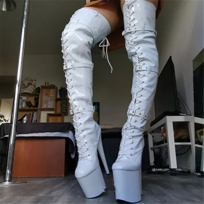 

8Inch Sexy Fetish 20cm Gothic White Patent Leather Exotic Platform Women's Round Toe Over The Knee Boots Pole Dance High Heels