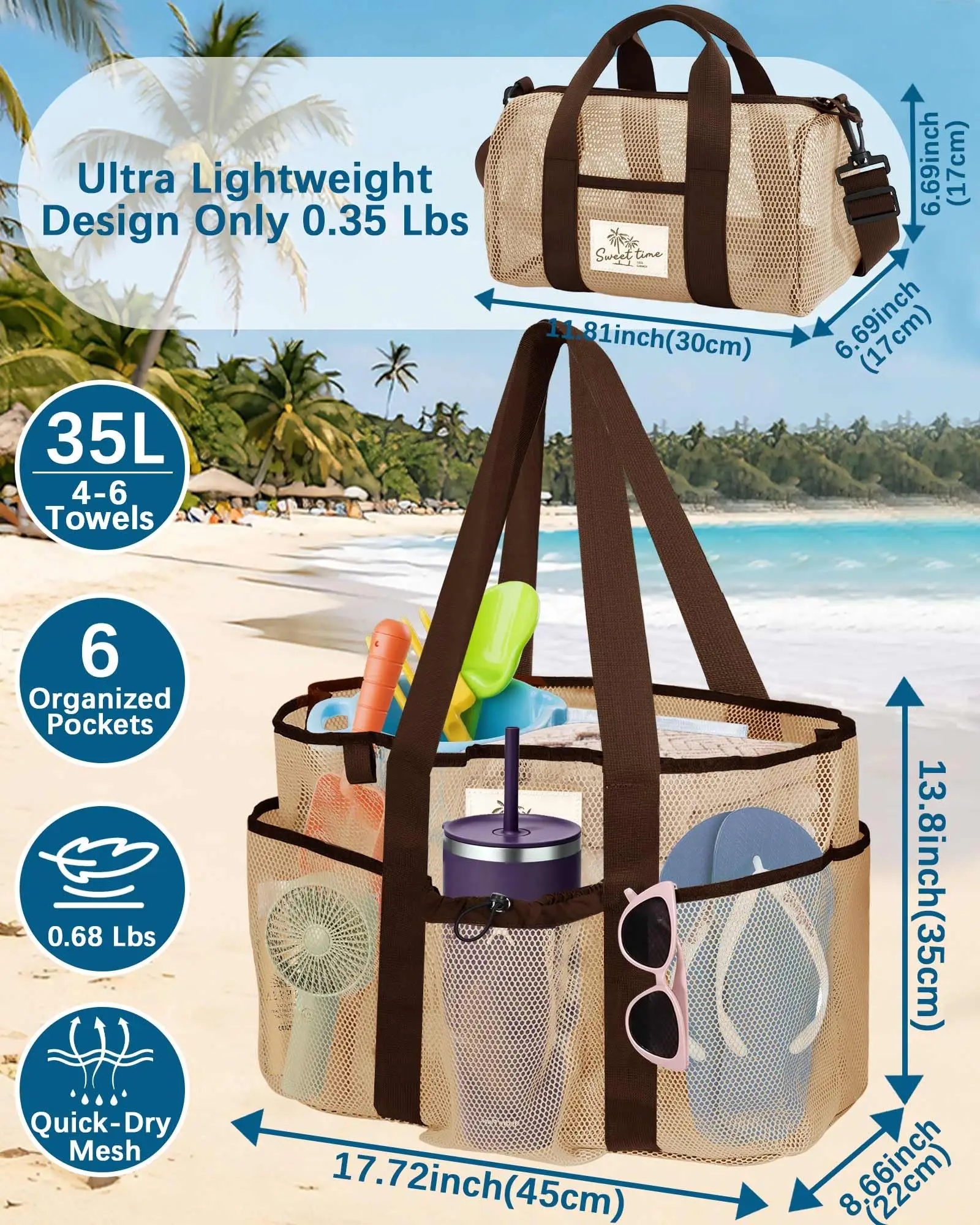 2 Pack Mesh Beach Bags for Women Large Pool Bag with Zipper Pocket Sand-Proof Quick-Dry Mesh Waterproof Pocket Beach Bag Set