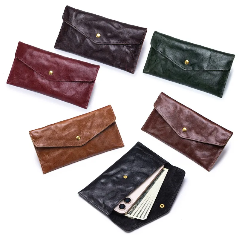 Multi Purpose Genuine Cowhide Leather Slim Wallet, Retro Envelope Design Long Wallet for Men Holds Phone Cards Cash Loose Change