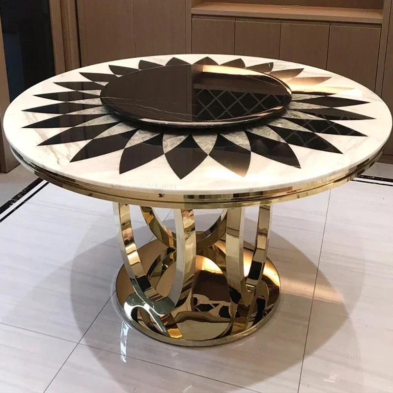 Practical High quality Luxury Light Rock Plate Dining Table Stainless Steel Titanium Round Marble Table Turntable Hotel Club