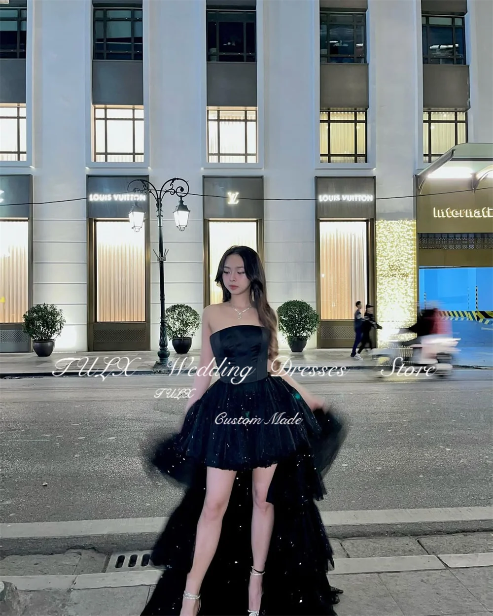 TULX – robe de soirée en Tulle noir scintillant, élégante, sans bretelles, en Satin, ligne A, longue, à plusieurs niveaux, pour occasions formelles, personnalisée