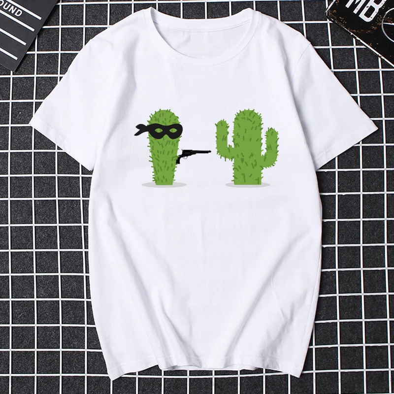 Funny Cactus Cartoon Print TShirt Man Casual T-shirt O-neck Loose Unisex Tops Harajuku Hipster Streetwear Ropa Hombre Masculinas