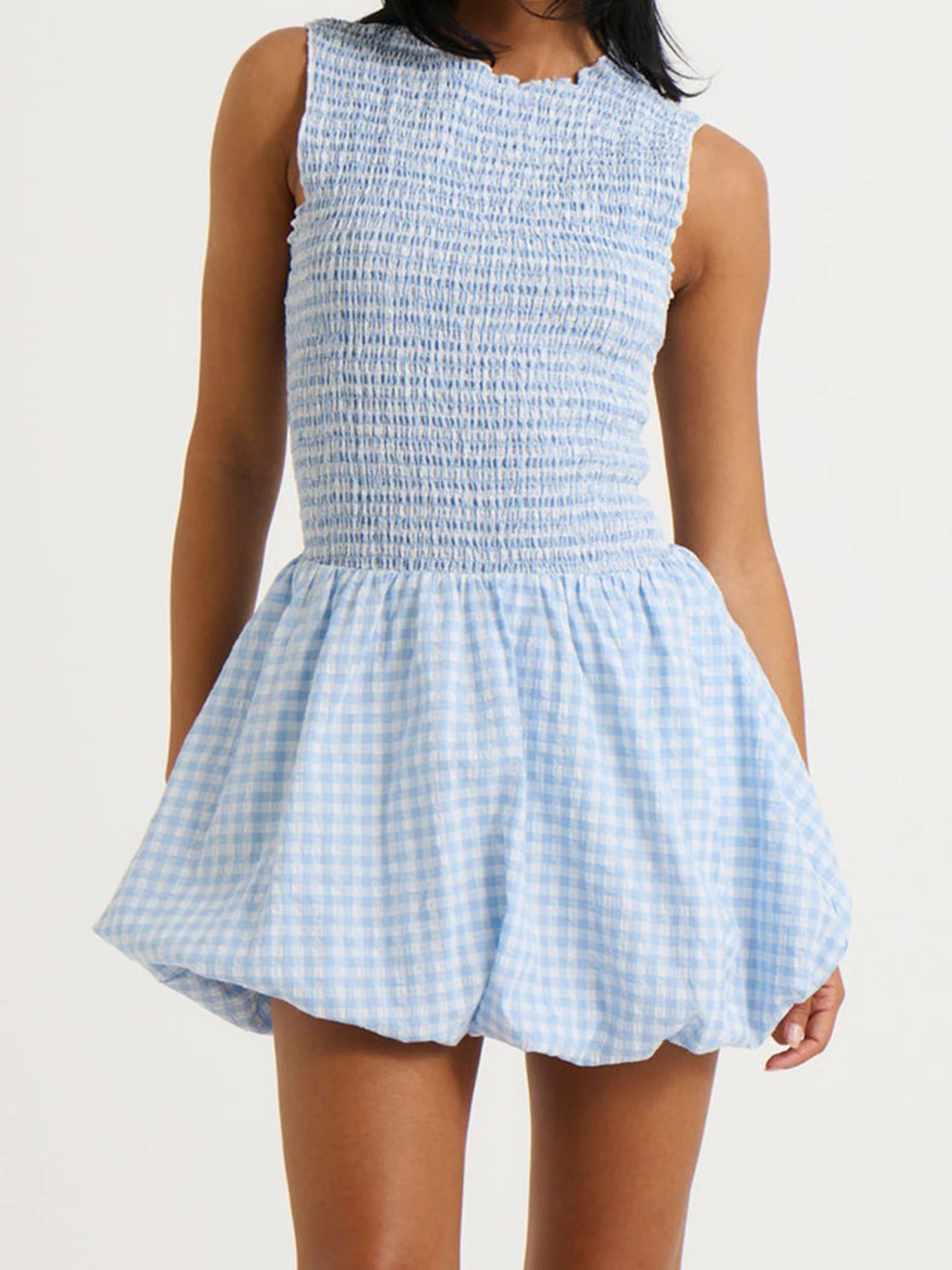 Abito da donna a quadretti di nuova moda, mini abito a palloncino senza maniche con scollo tondo smock per il club di feste quotidiano S-XL