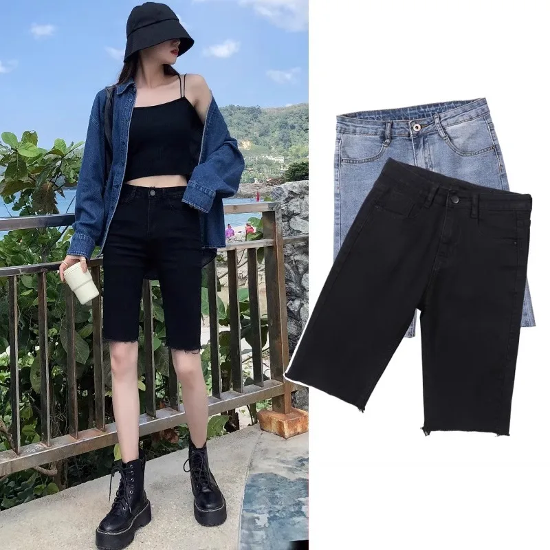 

Весенне-летние тонкие джинсовые джинсы с высокой талией пять четвертей, женские эластичные джинсы средней длины для похудения, хлопковые эластичные джинсы