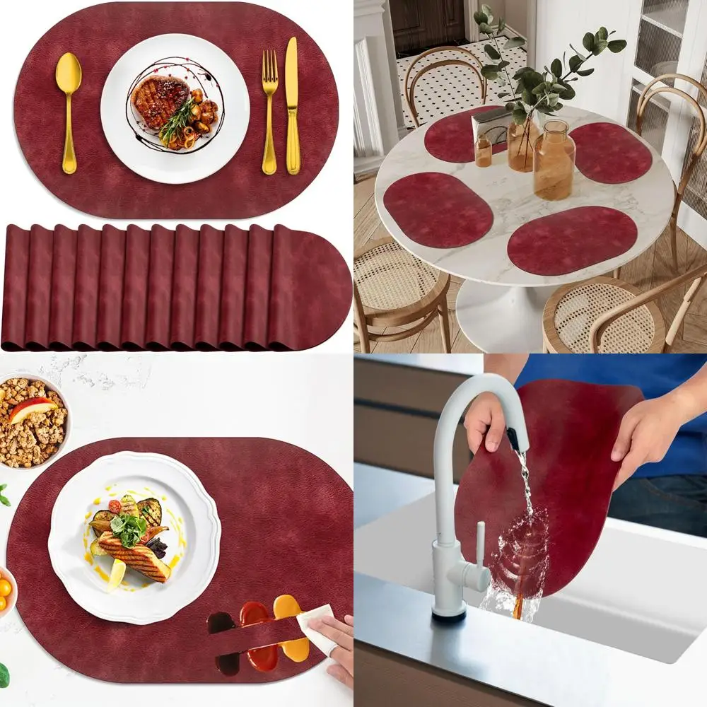 

Heat Resistant Oval Placemats Set of 12 - Washable Waterproof Table Mats, Wipeable PU, 12x17 Inches, Durable and Easy to Clean