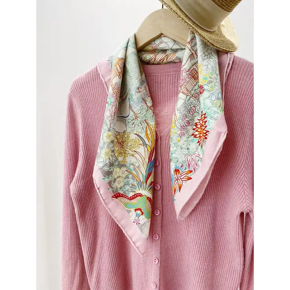 2027 Women Vintage Garden Floral Bird Triangle 70% Wool 30% Silk Scarf Colorful Pastoral Botanical Print Neck Bandana