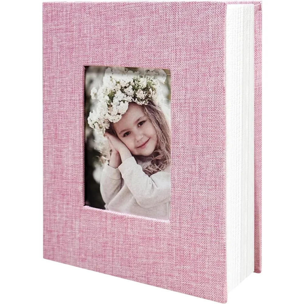 

Photo Album 4x6 100 Pockets, Linen Cover Top Loader Vertical, Slip-in Picture Pink Pockets Albums for Wedding, Family, Anniversa