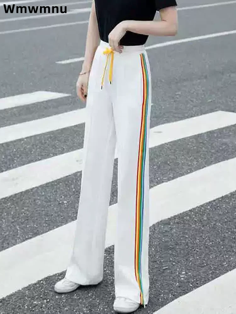 

Широкие брюки в радужную полоску, женские повседневные модные мешковатые брюки, прямые свободные брюки с высокой талией и завязками