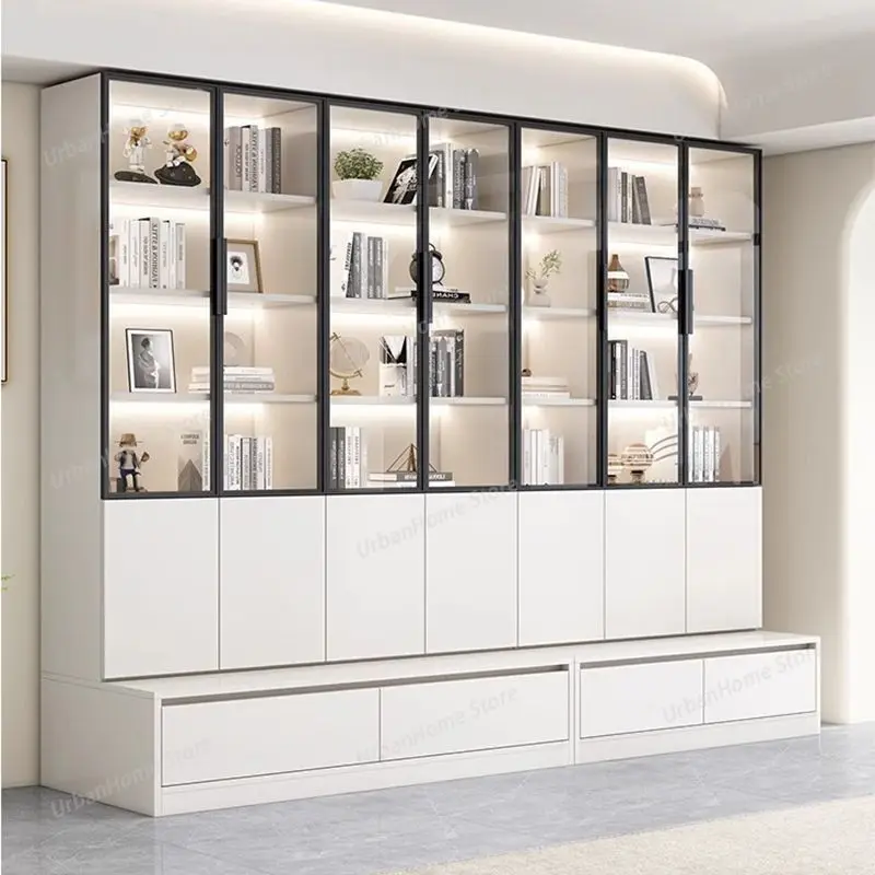Bookcase with Glass Doors & Drawers Living Room Cabinet Household Large Storage Display Cabinet Set Repisa Para Libros Home