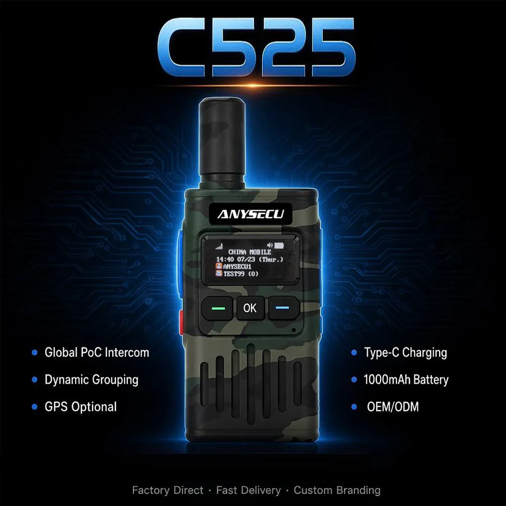 Anysecu C525 4G PoC Walkie Talkie Mini Ultra Light 1000mAh Type-C GPS Optional Southeast Asia Version Two Way Radio PTT Intercom