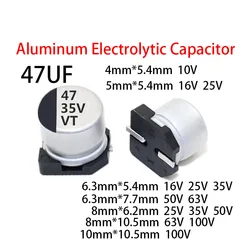 Condensador electrolítico de aluminio SMD de 47UF, 10V, 16V, 25V, 35V, 50V, 63V, 100V, 4x5,4, 5x5,4, 6,3x7,7, 8x6,2, 8x10,5, 10x10,5, 20 unidades por lote