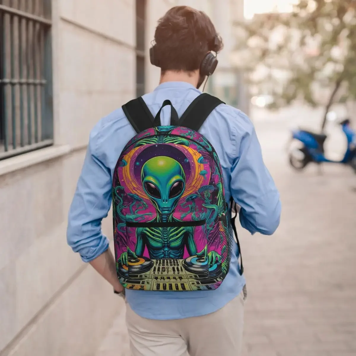 Psychedelic Alien UFO Mushroom Print Backpack Student BookBag Kids School Bag Laptop Shoulder Bags for Men Women