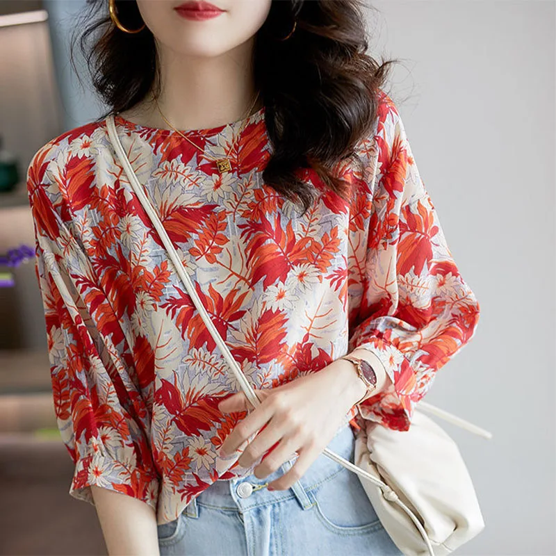 Casual Fashion O-Neck Chiffon Printing Shirt Summer Women\'s Clothing 2023 New Korean Female Loose Pullovers 3/4 Sleeve Blouses