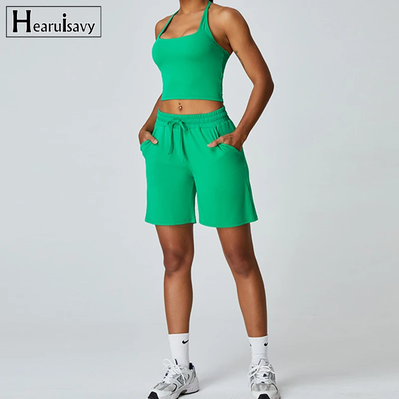 

Hearuisavy 2Pcs Workout Suit Women Yoga Clothing Sportswear Gym Set Women Tracksuit Running Sports Bra Fitness Short Sweatpants