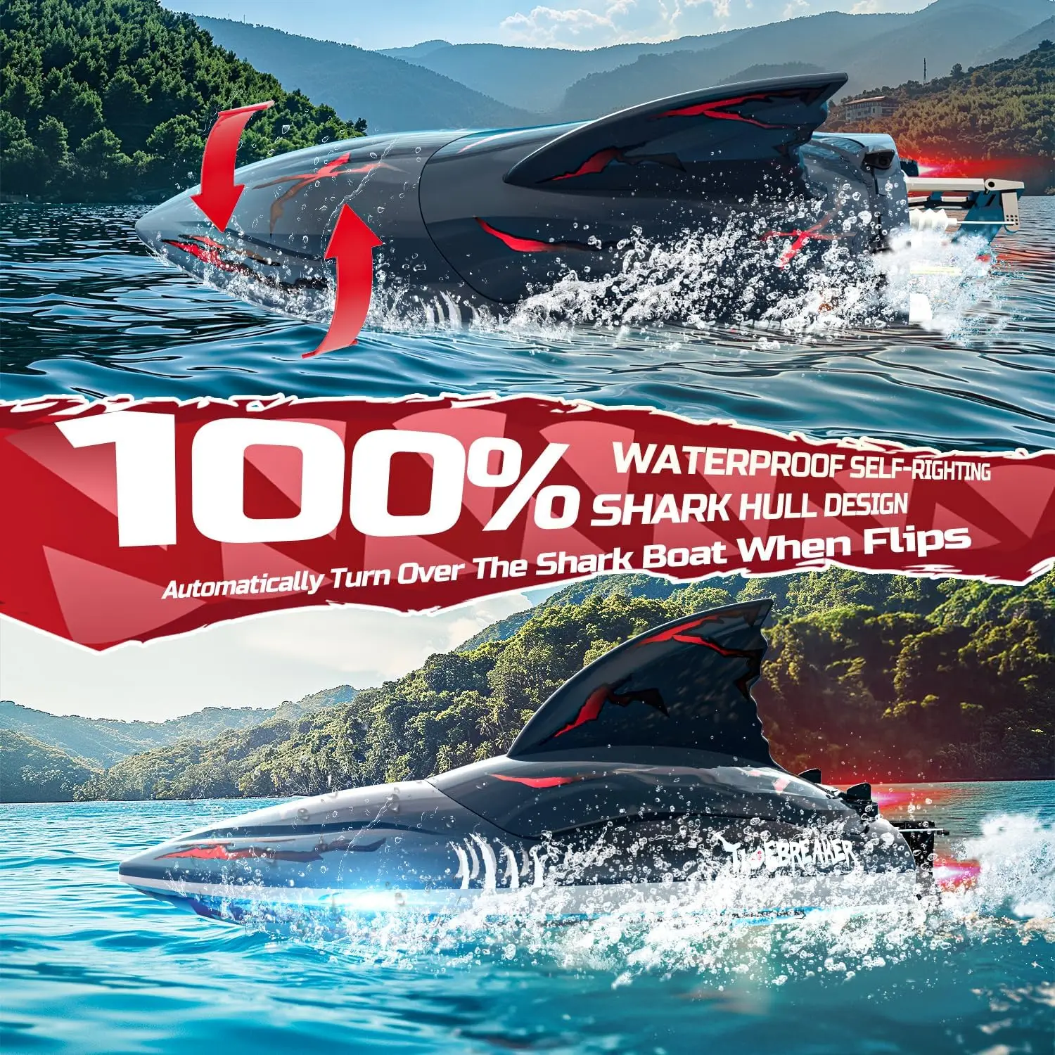 DEERC RC Shark Boat DE 2104 SHARK 48+ km/ساعة، سرعة 3S، ذاتي الارتفاع، 2.4 جيجا هرتز، مصابيح LED، هدية صيفية.