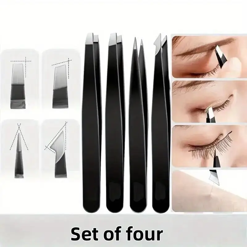 【B】4Pcs Stainless Steel Angled Tweezers Set For Removing Gray Hair Beard Eyebrows Beauty Tools