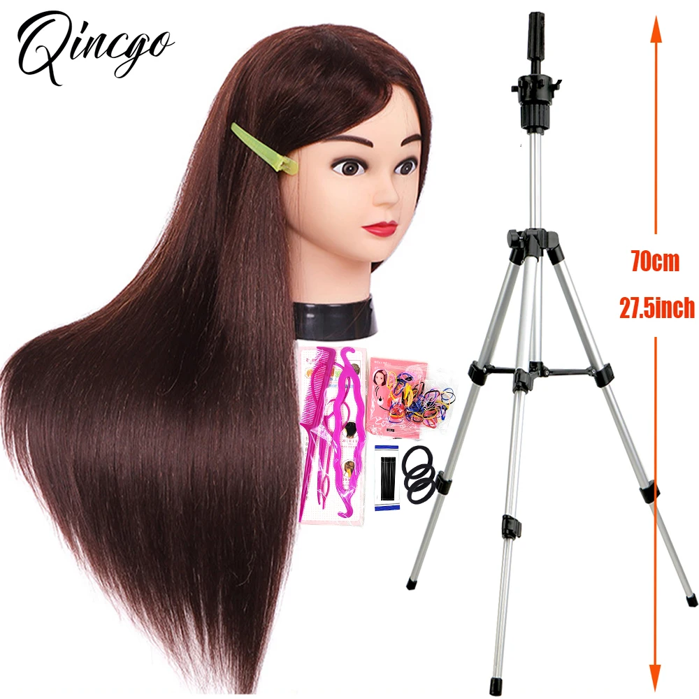 85% Real Hair Training Mannequin Head With Brown Hair For Barber Hairdressing Practice Doll Head With Stand Tripod For Hairstyle