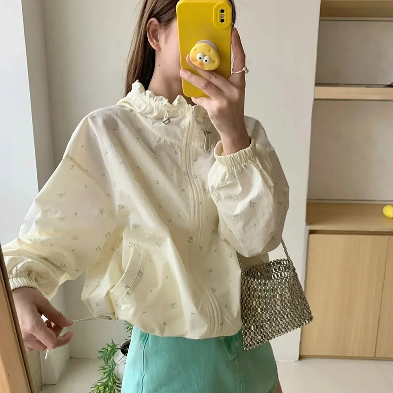 Korean style women age reducing black fungus edge floral thin hooded niche casual drawstring sun protection short jacket