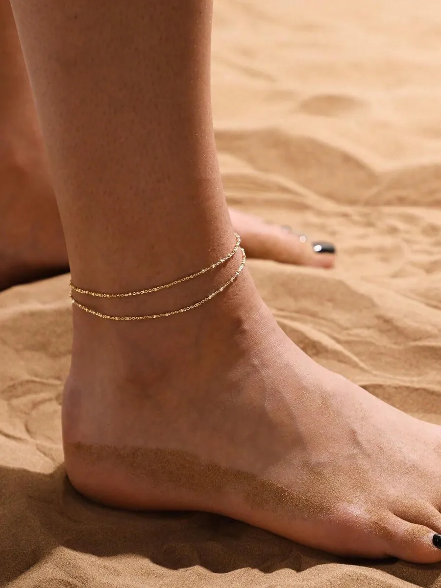 1pc Stainless Steel Double-Layered Stacked Anklet, Bohemian Beach Style Foot Chain, Ideal Gift For Women Valentine's Day Accesso view 3
