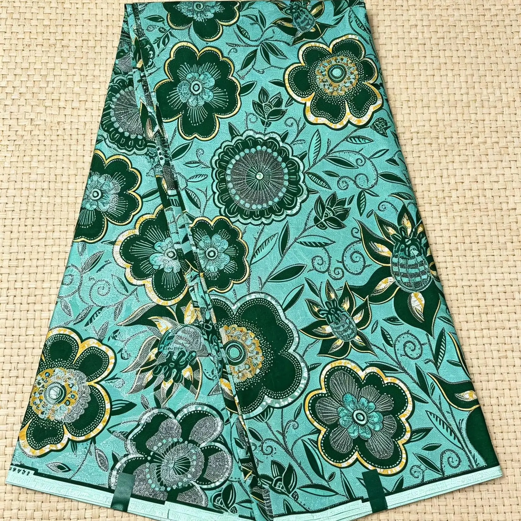 

6Yards Green Floral Gold Sand Ankara Wax Fabric Batik Cloth for Dress Skirt Headwrap Wedding Outfit DIY Sewing Home Decor
