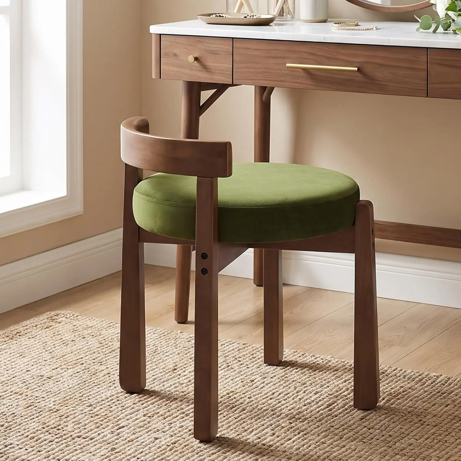 Velvet Vanity Stool with Backrest & Wooden Frame, Small Ottoman for Bedroom Living Room Makeup, 1PC, Customized