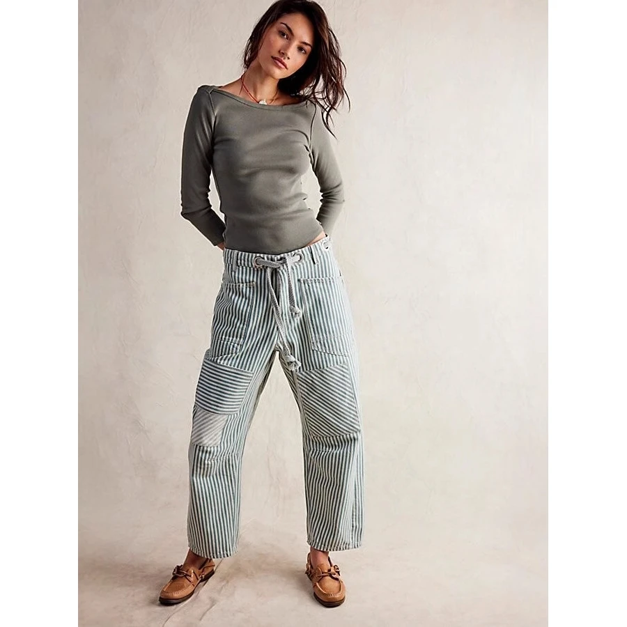 Casual Wide Leg Pants with Pockets Drawstring Striped Patchwork Fashionable Commute Style Loose Fit Trousers for Women