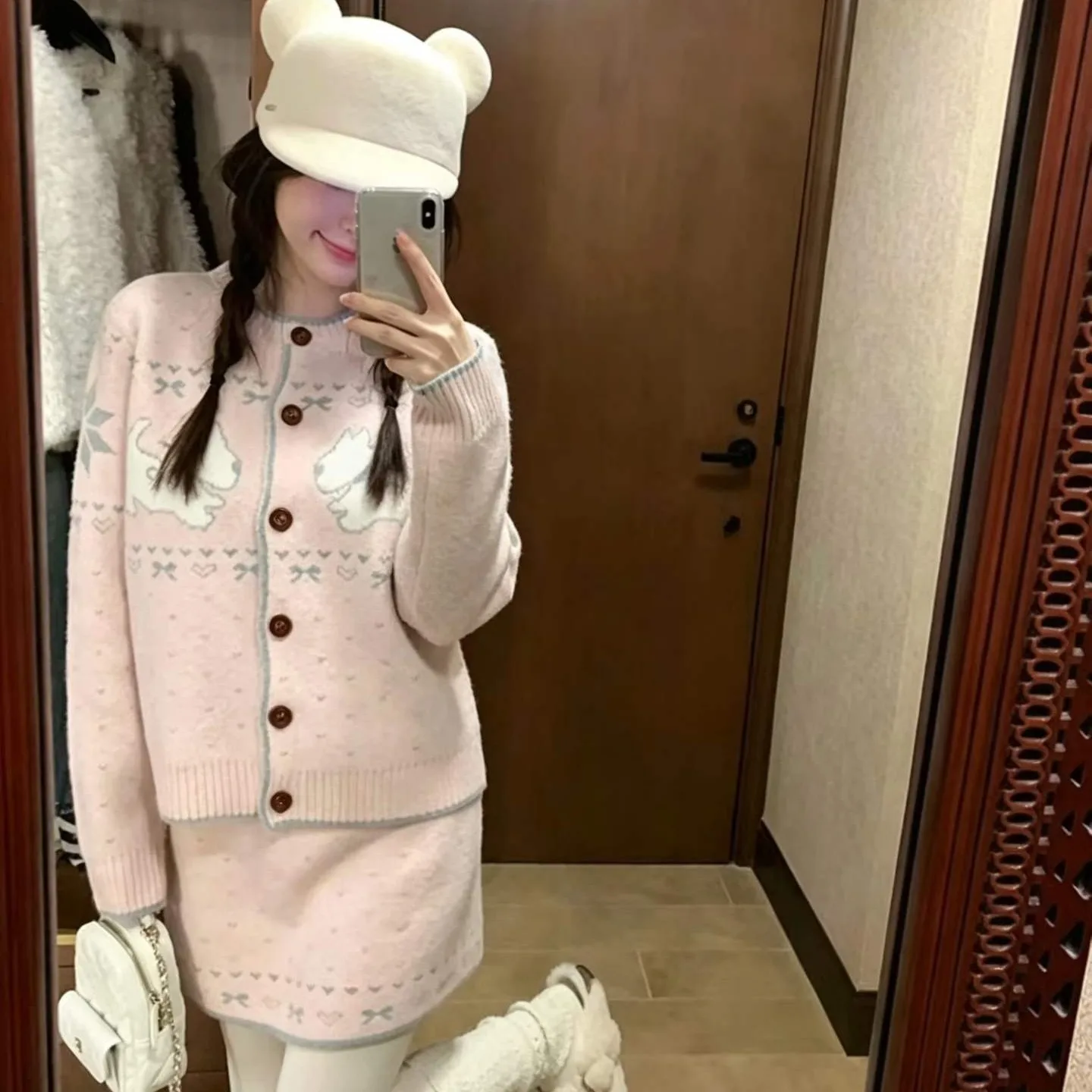 Korean Style Soft Sweet Long Sleeve Knitted Sweater Women Loose Slimming Set Thickened Cardigan Style Knitting Process