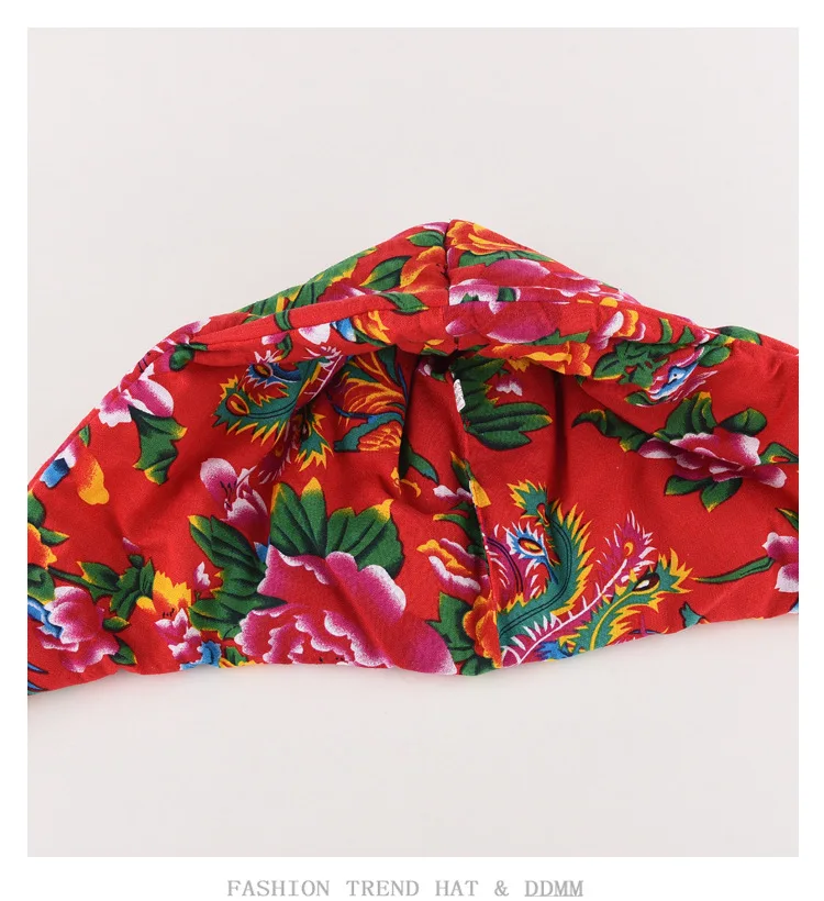 Northeast Big Flower Cloth Headgear Women\'s Winter Cotton Headscarf Hat Ethnic Style Village Girl Warm Ear Protection Bomber Hat
