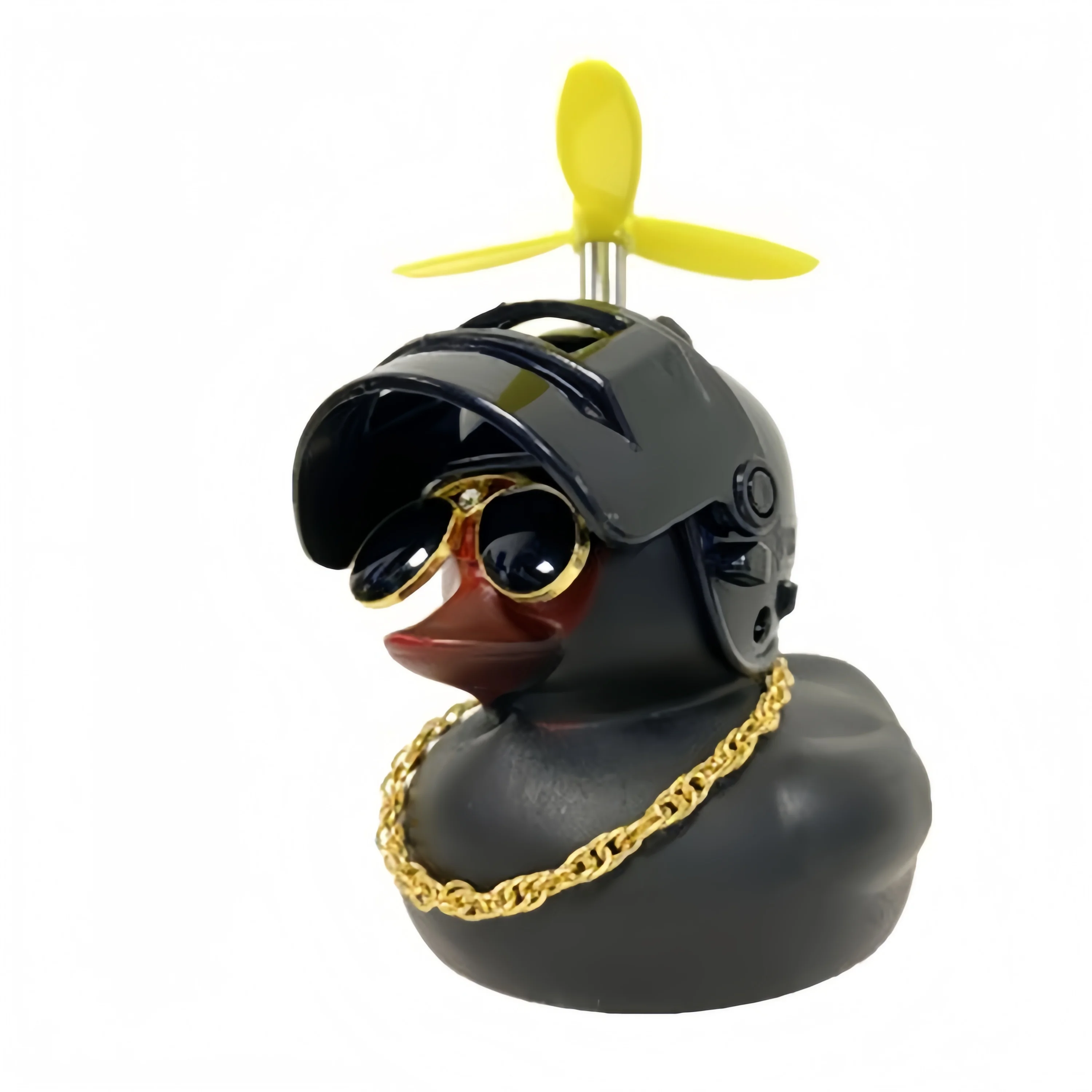 Schwarze Gummi-Ente als Auto-Armaturenbrett-Ornament mit Propeller, Helm und Sonnenbrille, Lustiges Auto-Innenzubehör, Fahrrad-Ornament, Geschenk – Detail 7