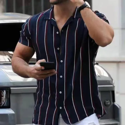 Men's Striped Short-Sleeve Shirt Casual Lapel Button Top Daily Commute Trendy Summer Comfortable Breathable