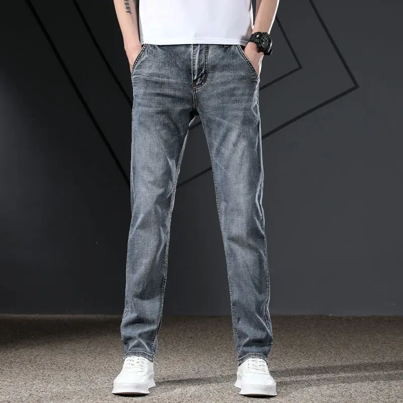 Spring and Summer Mens Jeans Pants Business Casual Stretch Slim Denim Pants Loose Straight Trousers Male Classic Style Midweight