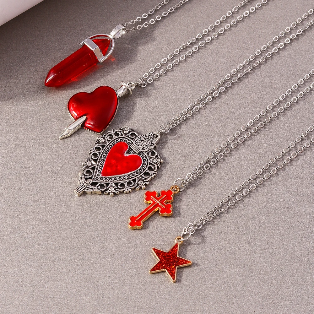 Aihua 5pcs/set Gothic Religious Cross Vampire Red Heart Pendant Necklace Set for Women Grunge Hip Hop Necklace Jewelry Gifts