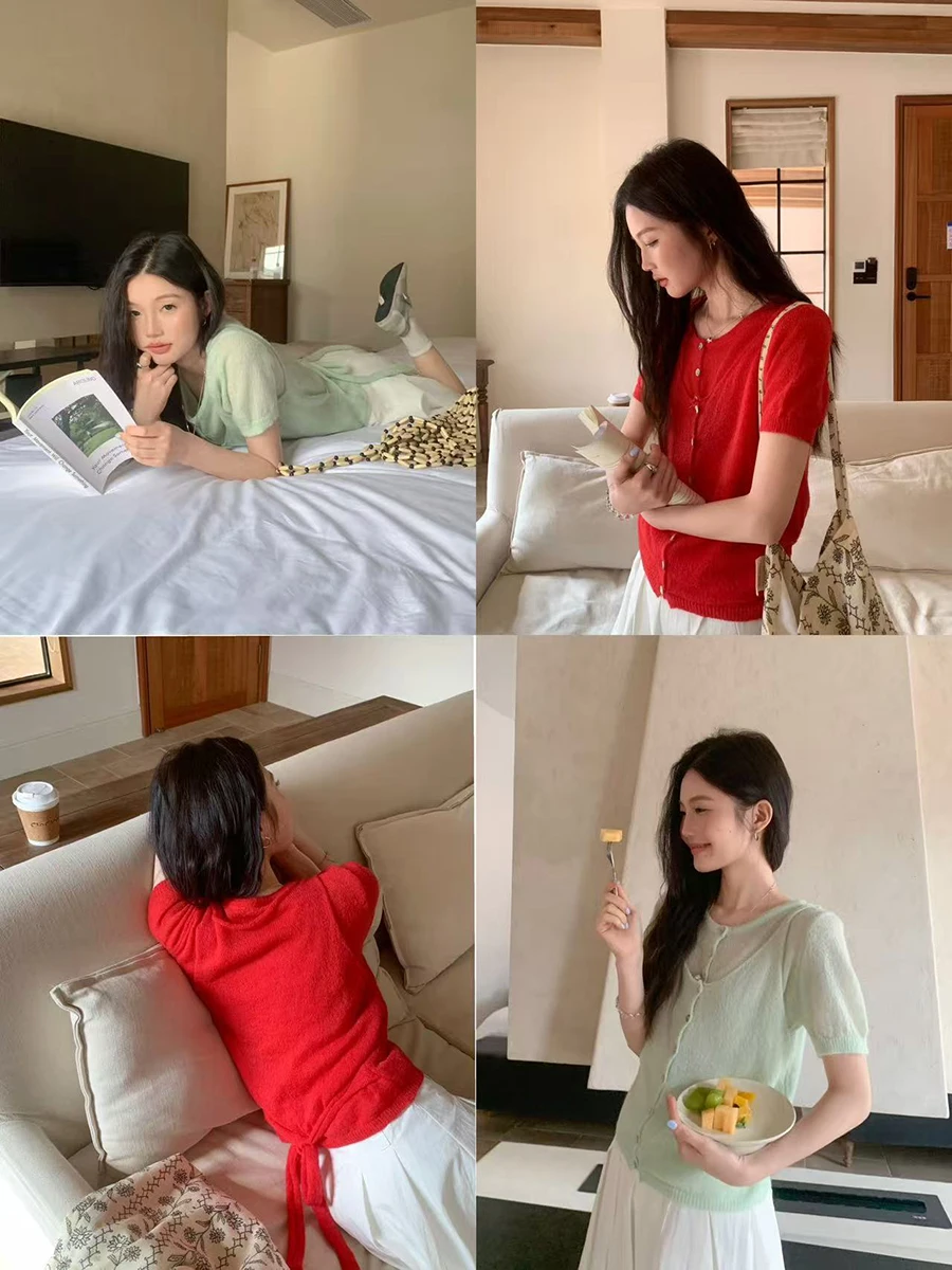 

Linyunyun Green Short Sleeve Knitted Top Women's Casual Loose Fit Soft Knitwear Two-Piece Set with Belt Design Outerwear